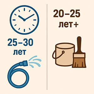 Инфографика: долговечность и уход &mdash; ДПК 25&ndash;30 лет, термососна 20&ndash;25+ лет